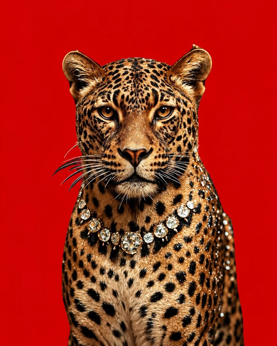 Leopard s diamantovým náhrdelníkem na červeném pozadí